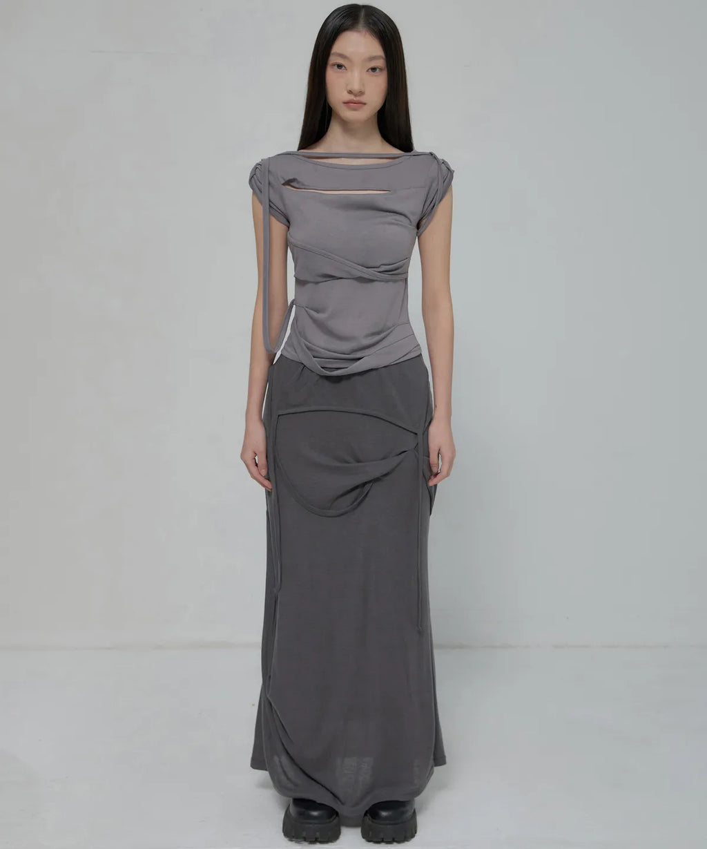 【Flare up】Asymmetrical Draped Strap Roll-Up T-Shirt [4 colors]
