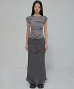 【Flare up】Asymmetrical Draped Strap Roll-Up T-Shirt [4 colors]