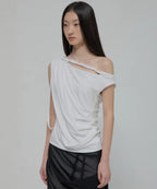 【Flare up】Braided Drape One-Shoulder Top  [Black / White]