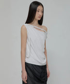 【Flare up】Braided Drape One-Shoulder Top  [Black / White]