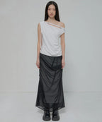 【Flare up】Braided Drape One-Shoulder Top  [Black / White]