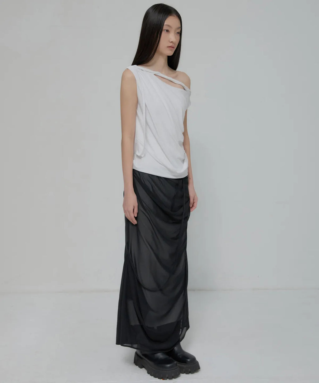 【Flare up】Braided Drape One-Shoulder Top  [Black / White]