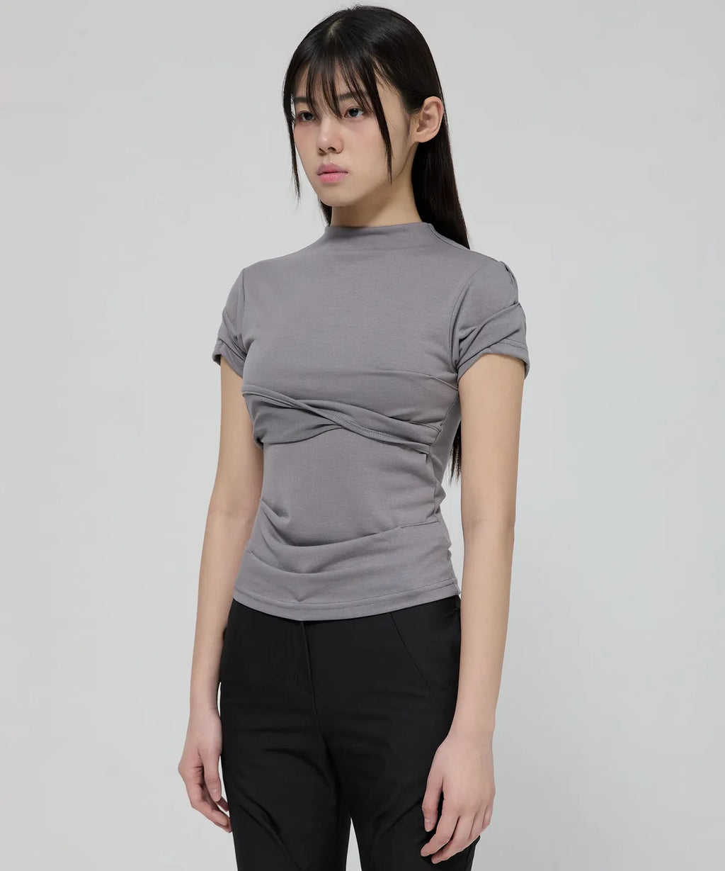 【Flare up】Asymmetrical Draped Mock Neck T-Shirt [Black / Gray]