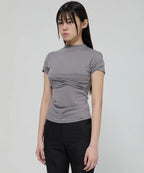 【Flare up】Asymmetrical Draped Mock Neck T-Shirt [Black / Gray]
