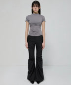 【Flare up】Asymmetrical Draped Mock Neck T-Shirt [Black / Gray]
