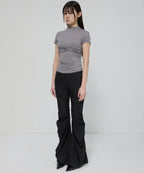 【Flare up】Asymmetrical Draped Mock Neck T-Shirt [Black / Gray]