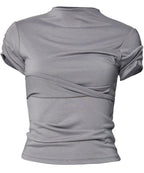 【Flare up】Asymmetrical Draped Mock Neck T-Shirt [Black / Gray]