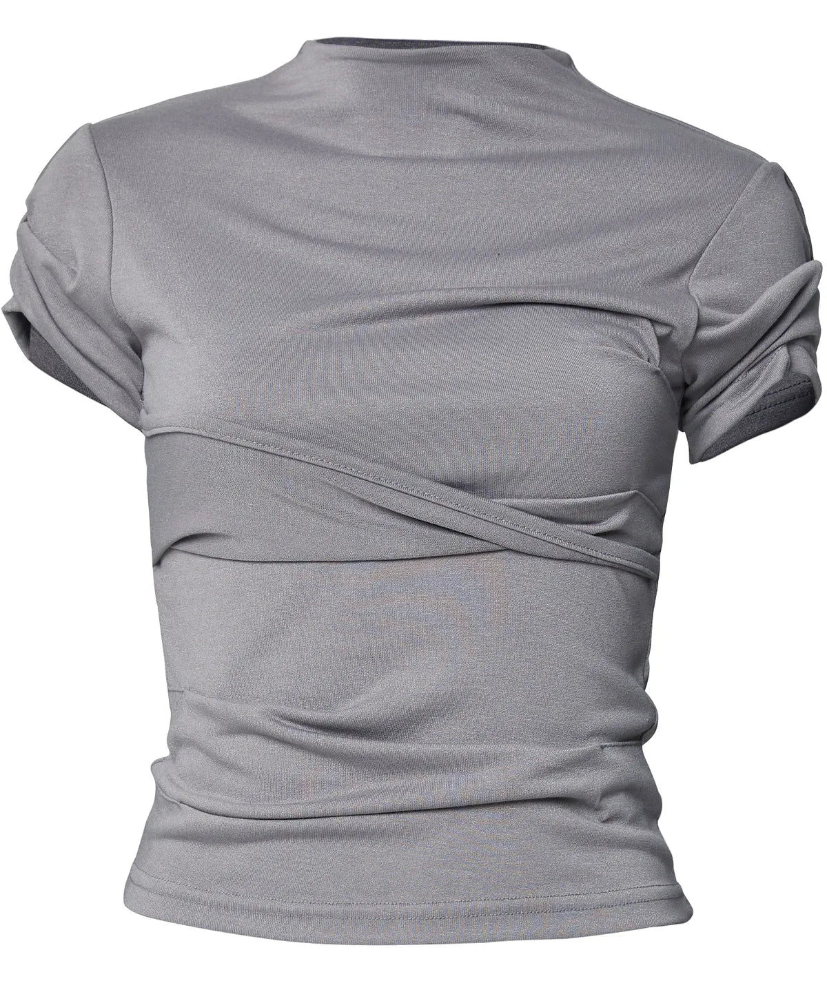 【Flare up】Asymmetrical Draped Mock Neck T-Shirt [Black / Gray]