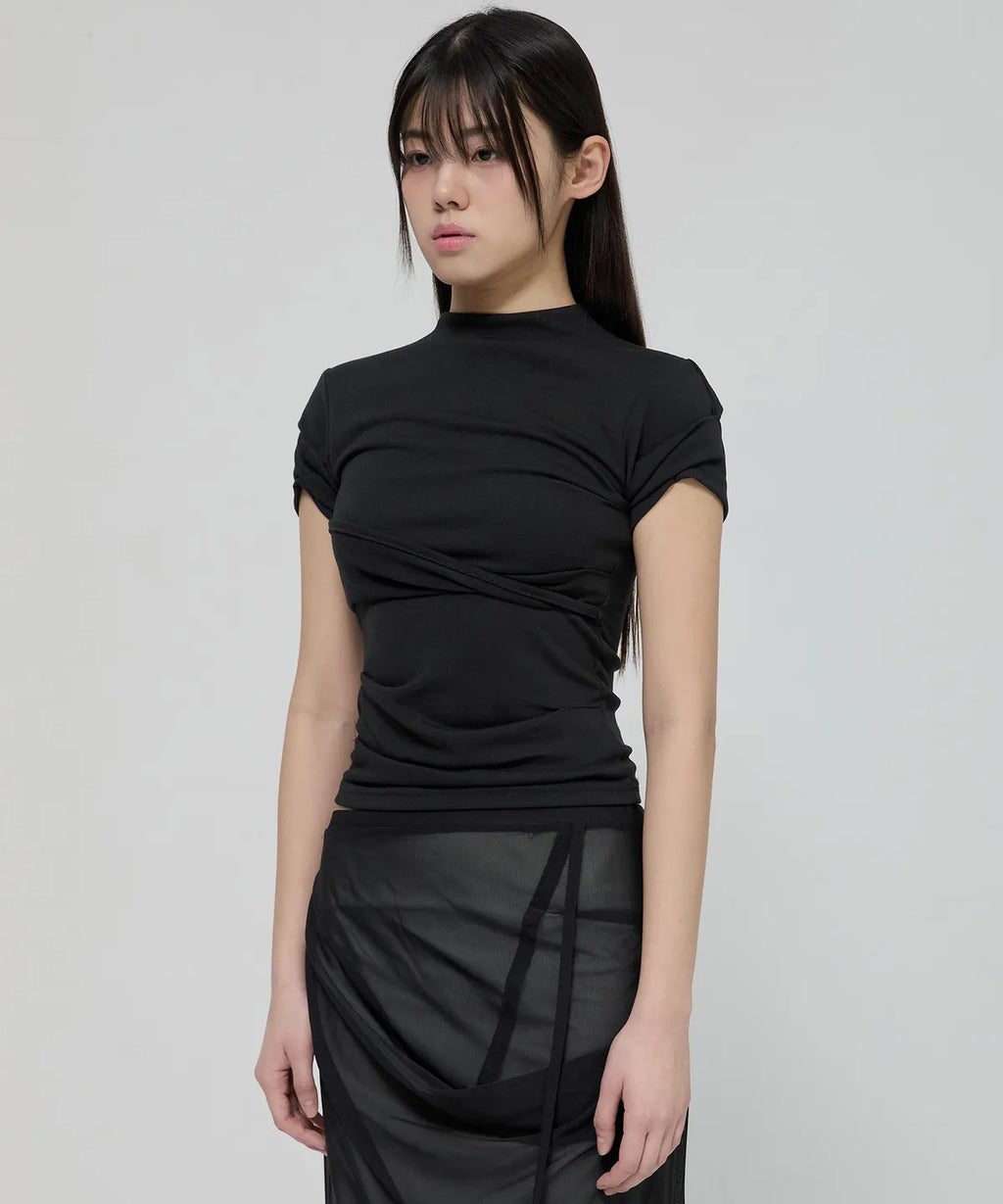 【Flare up】Asymmetrical Draped Mock Neck T-Shirt [Black / Gray]