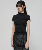 【Flare up】Asymmetrical Draped Mock Neck T-Shirt [Black / Gray]