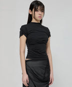 【Flare up】Asymmetrical Draped Mock Neck T-Shirt [Black / Gray]