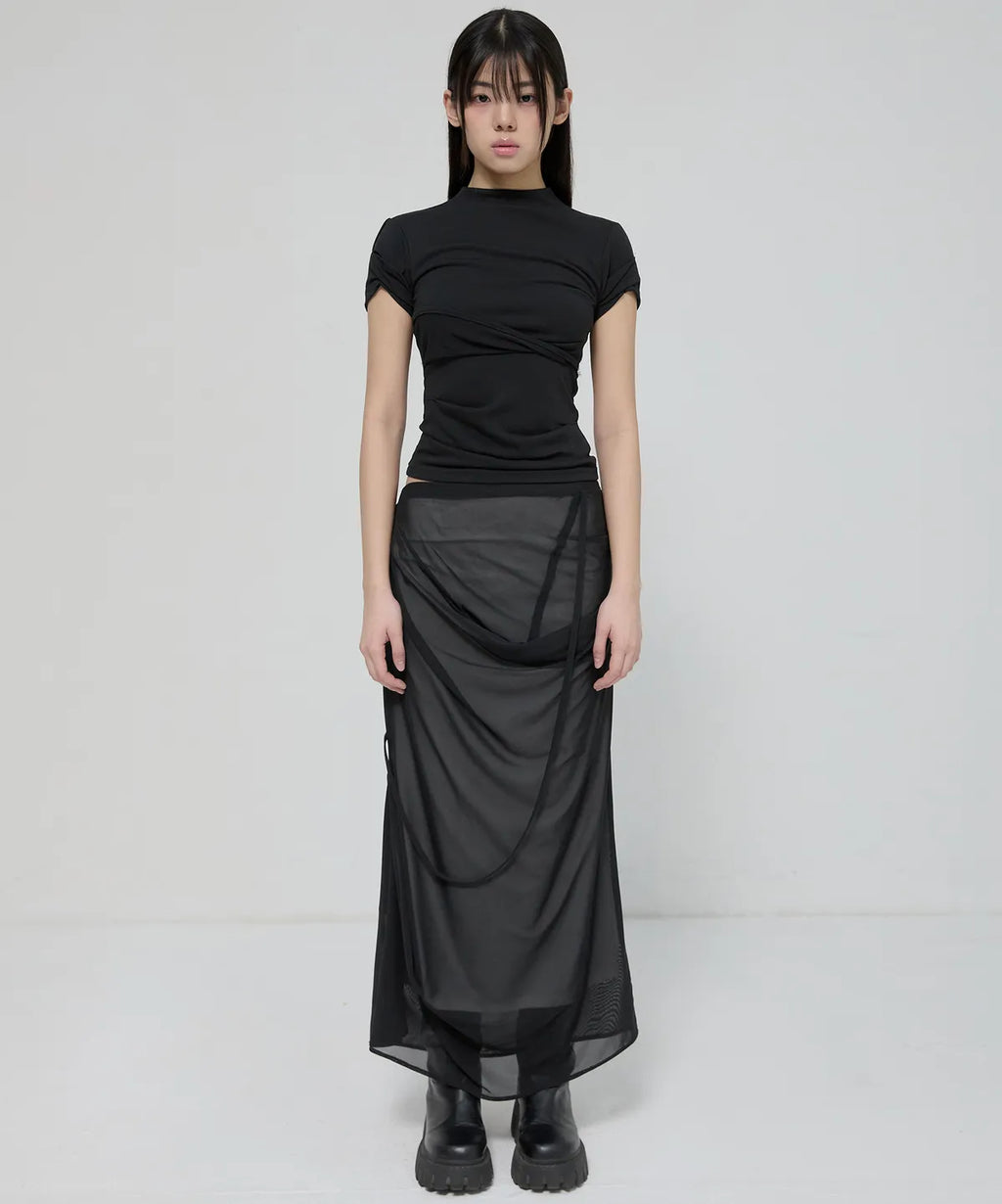 【Flare up】Asymmetrical Draped Mock Neck T-Shirt [Black / Gray]