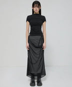 【Flare up】Asymmetrical Draped Mock Neck T-Shirt [Black / Gray]