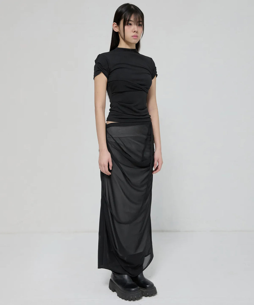 【Flare up】Asymmetrical Draped Mock Neck T-Shirt [Black / Gray]