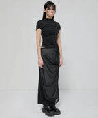 【Flare up】Asymmetrical Draped Mock Neck T-Shirt [Black / Gray]
