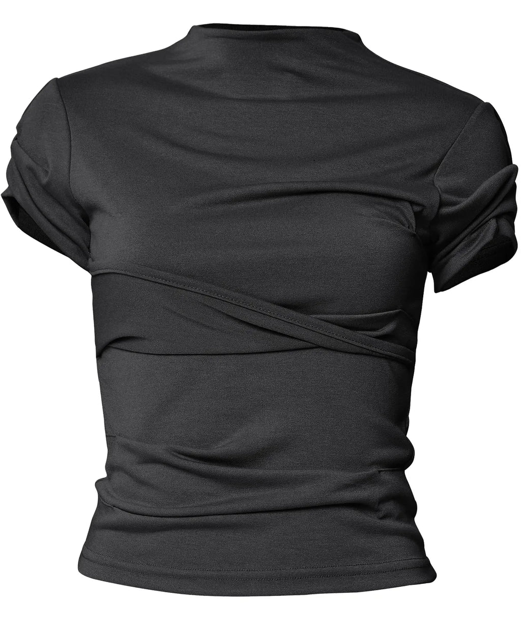 【Flare up】Asymmetrical Draped Mock Neck T-Shirt [Black / Gray]