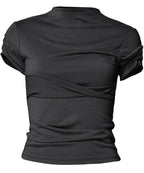 【Flare up】Asymmetrical Draped Mock Neck T-Shirt [Black / Gray]
