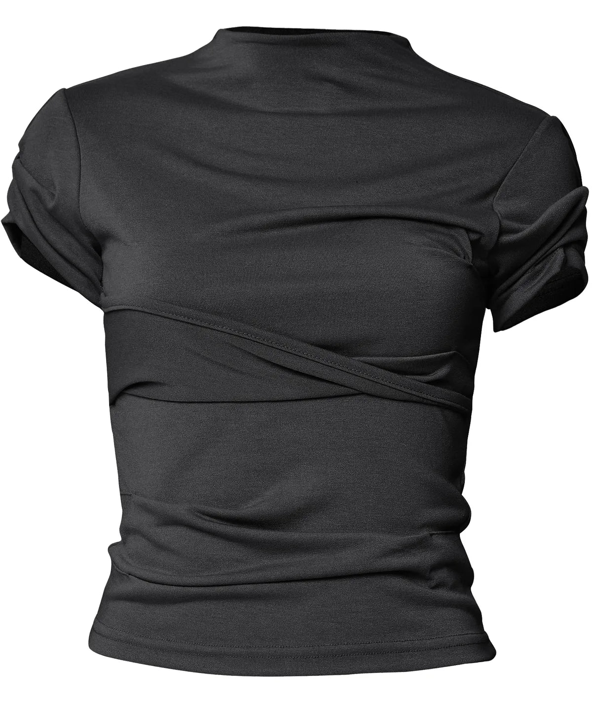 【Flare up】Asymmetrical Draped Mock Neck T-Shirt [Black / Gray]