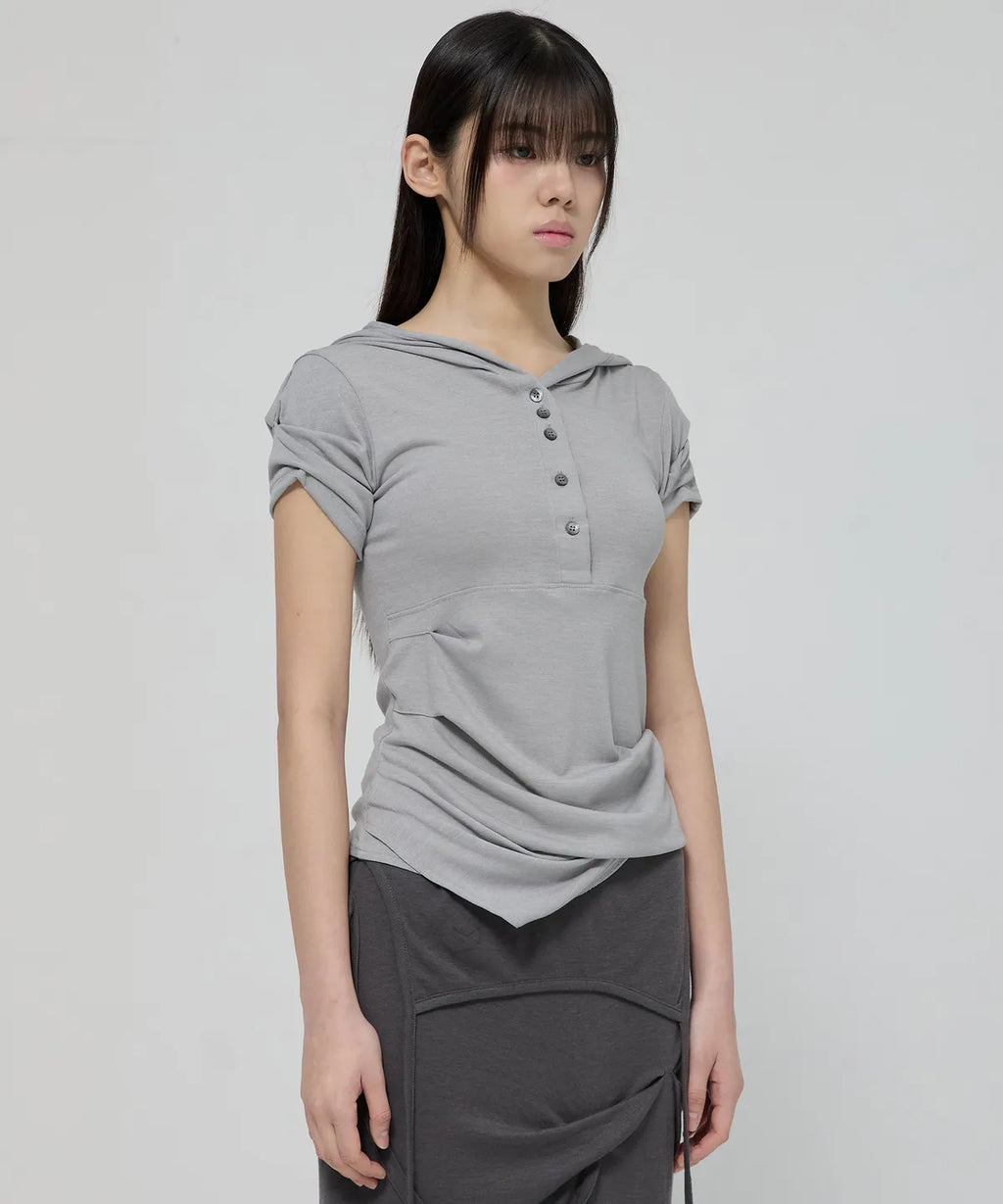 【Flare up】Asymmetrical Draped Hoodie [Black / Gray]