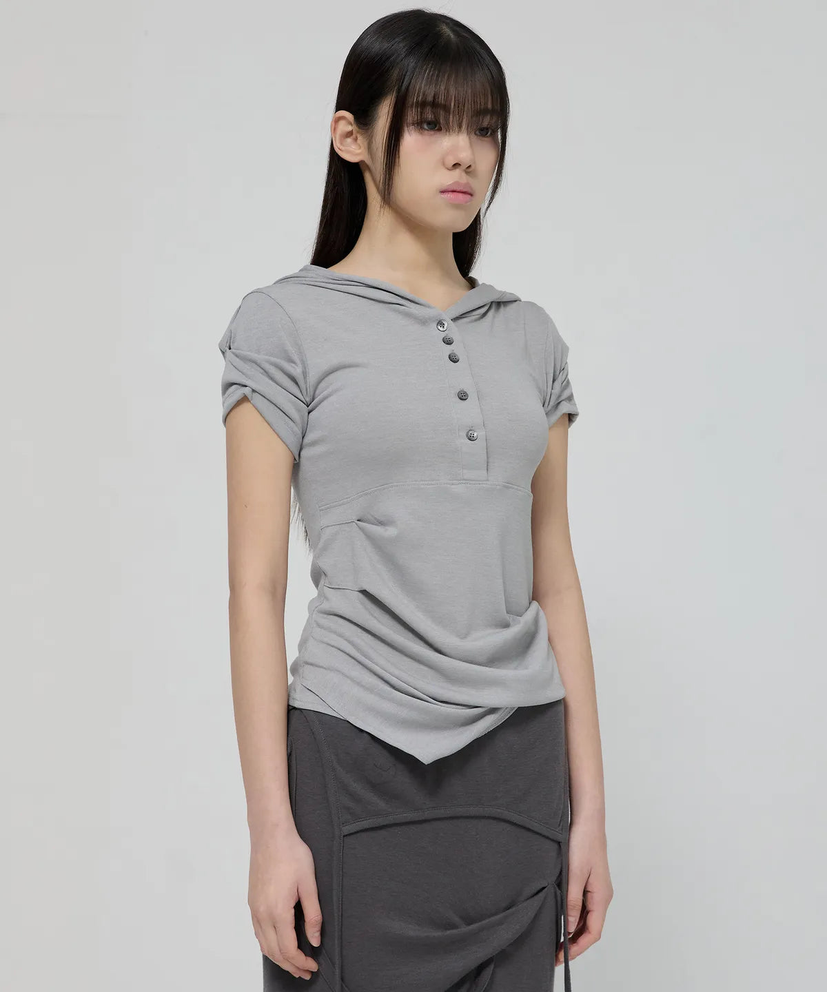 【Flare up】Asymmetrical Draped Hoodie [Black / Gray]