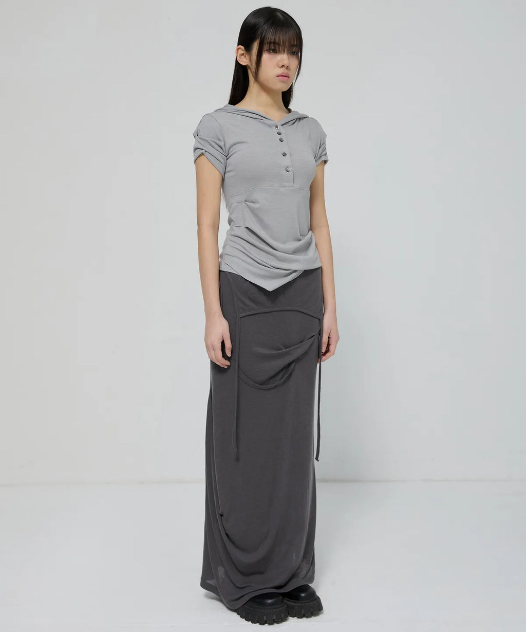 【Flare up】Asymmetrical Draped Hoodie [Black / Gray]