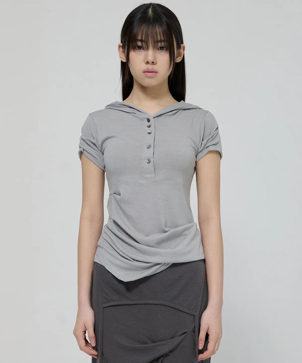 【Flare up】Asymmetrical Draped Hoodie [Black / Gray]