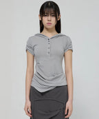 【Flare up】Asymmetrical Draped Hoodie [Black / Gray]