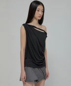 【Flare up】Braided Drape One-Shoulder Top  [Black / White]