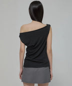 【Flare up】Braided Drape One-Shoulder Top  [Black / White]