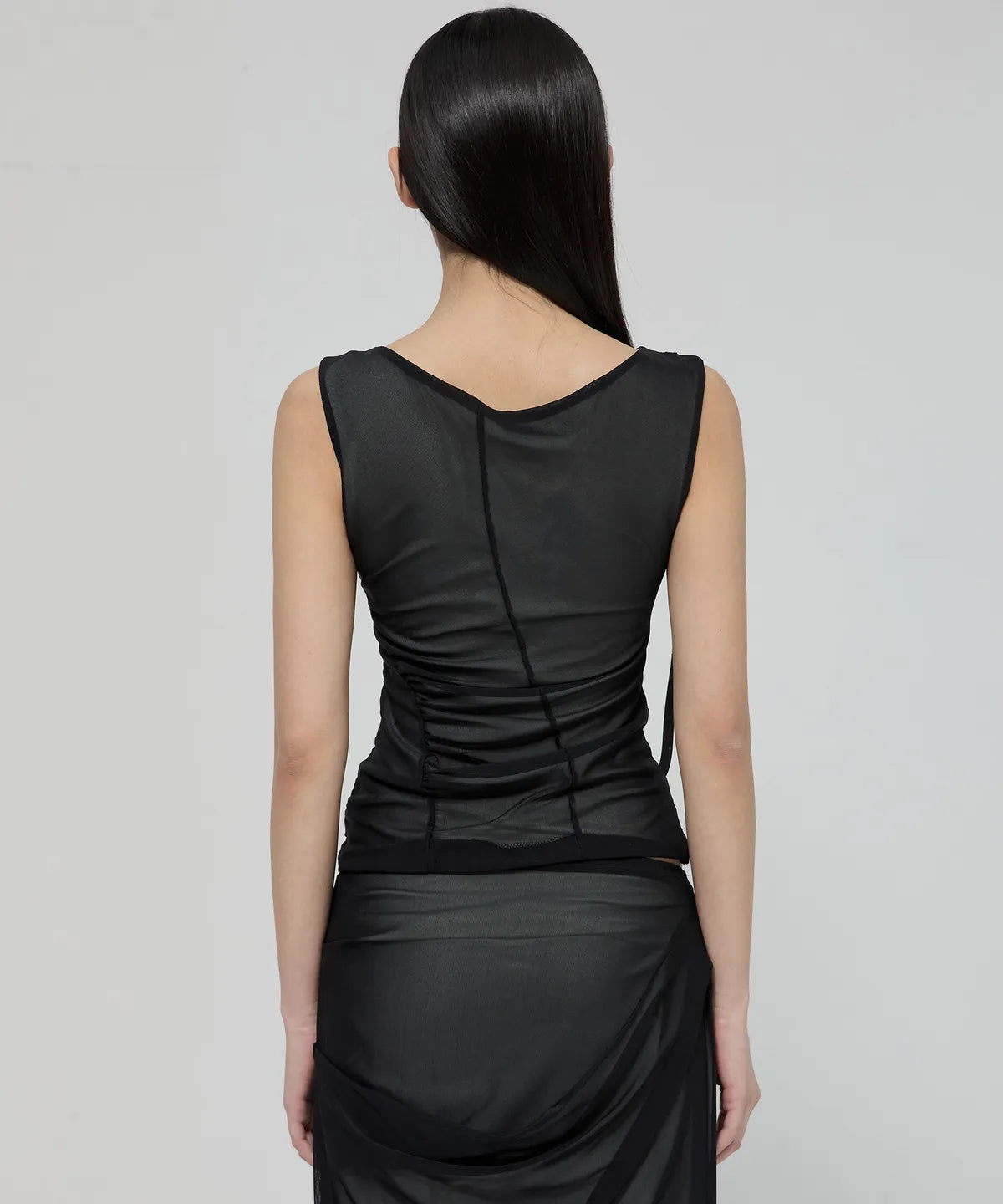 【Flare up】Draped Mesh Layered Sleeveless [Black / Gray]
