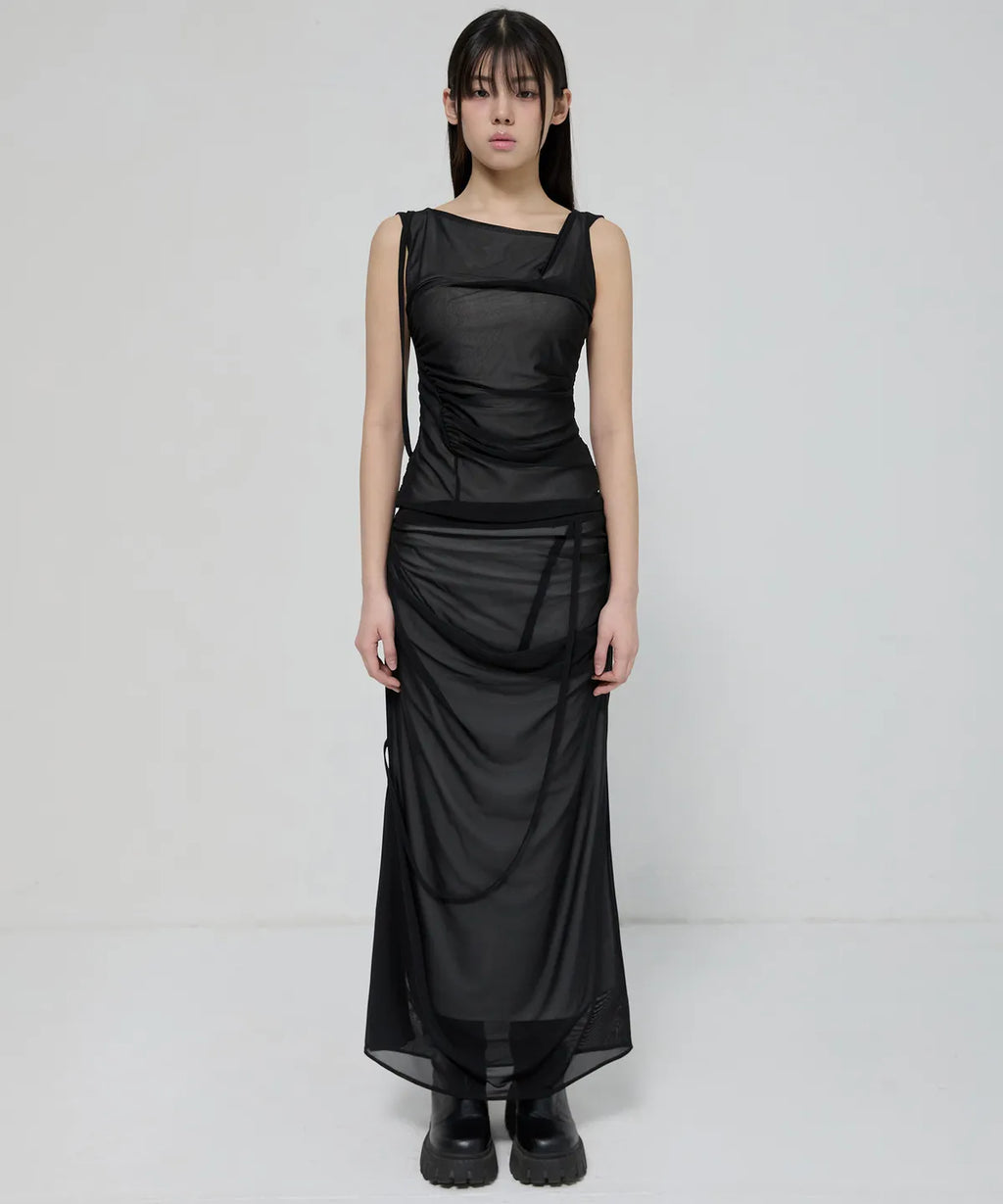 【Flare up】Draped Mesh Layered Sleeveless [Black / Gray]