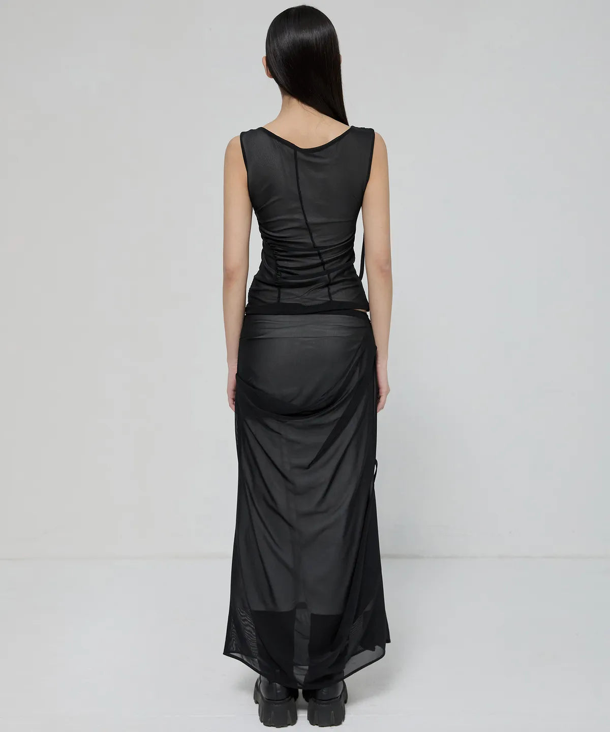 【Flare up】Draped Mesh Layered Sleeveless [Black / Gray]