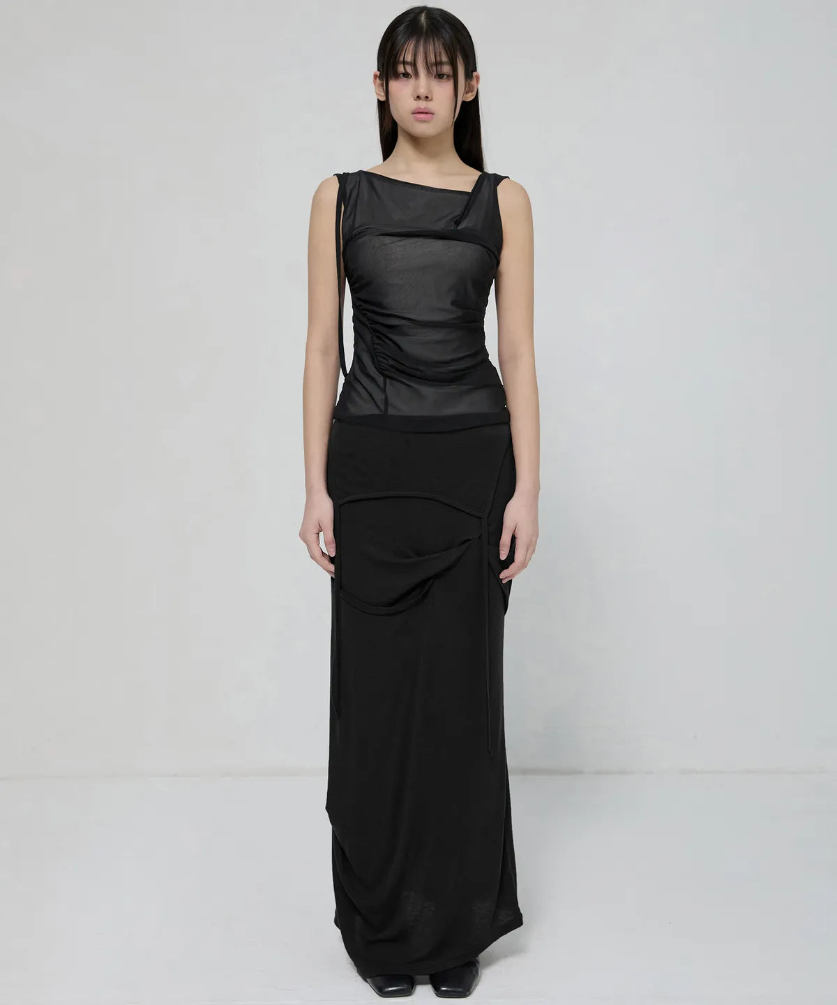 【Flare up】Draped Mesh Layered Sleeveless [Black / Gray]