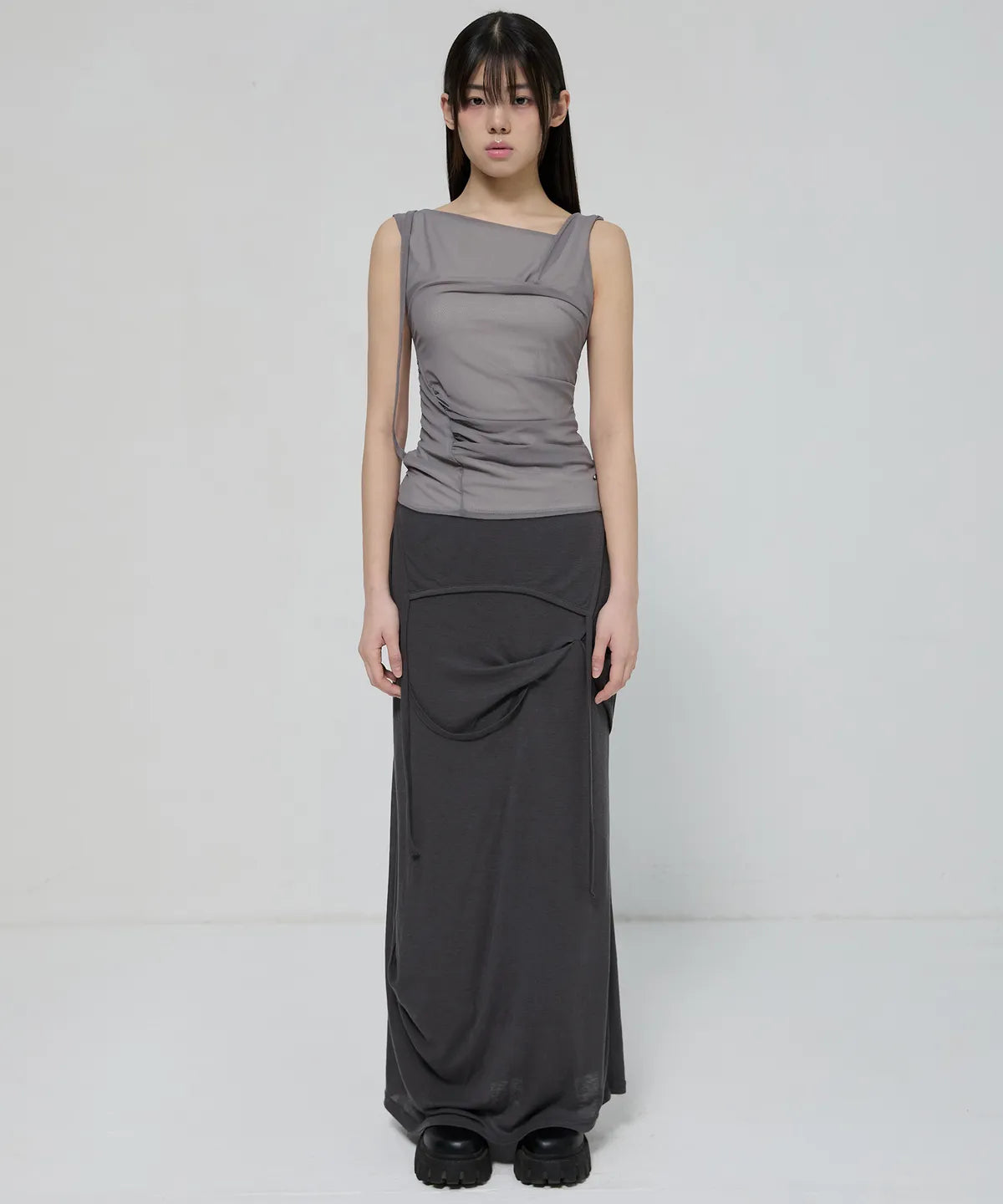 【Flare up】Draped Mesh Layered Sleeveless [Black / Gray]