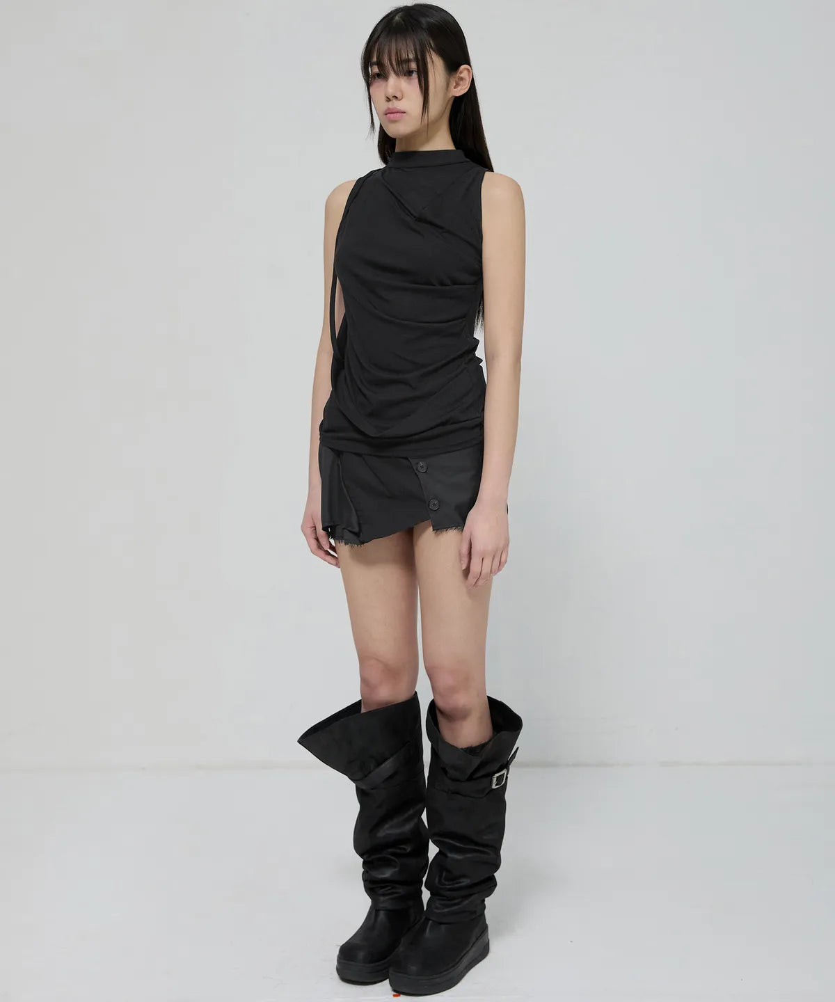 【Flare up】Draped Sleeveless Top [Black / White / Gray]