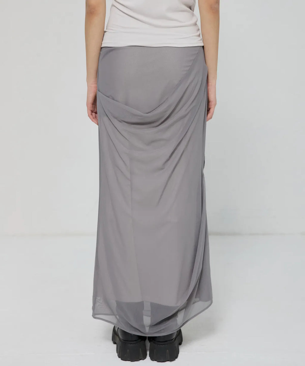 【Flare up】Draped Mesh Layered Long Skirt [Black / Gray]