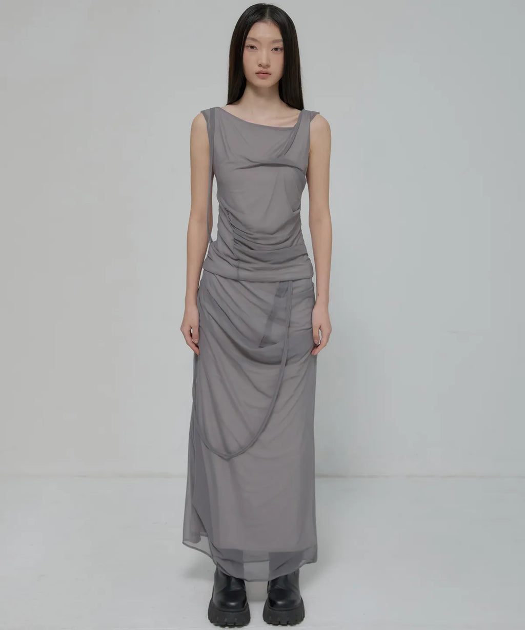 【Flare up】Draped Mesh Layered Long Skirt [Black / Gray]