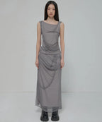 【Flare up】Draped Mesh Layered Long Skirt [Black / Gray]