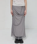 【Flare up】Draped Mesh Layered Long Skirt [Black / Gray]