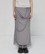 【Flare up】Draped Mesh Layered Long Skirt [Black / Gray]
