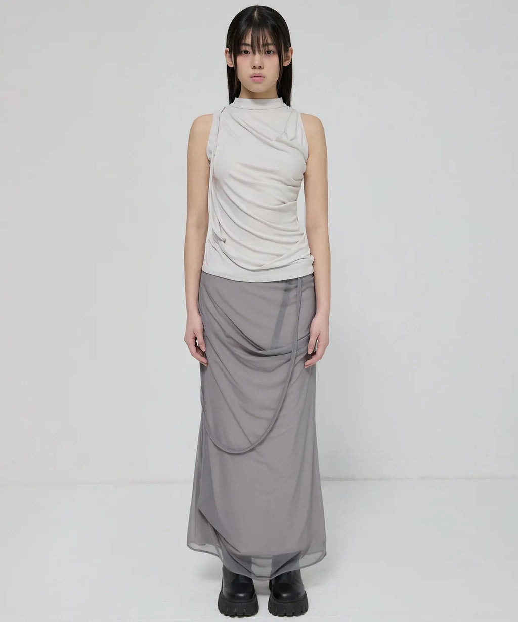 【Flare up】Draped Mesh Layered Long Skirt [Black / Gray]