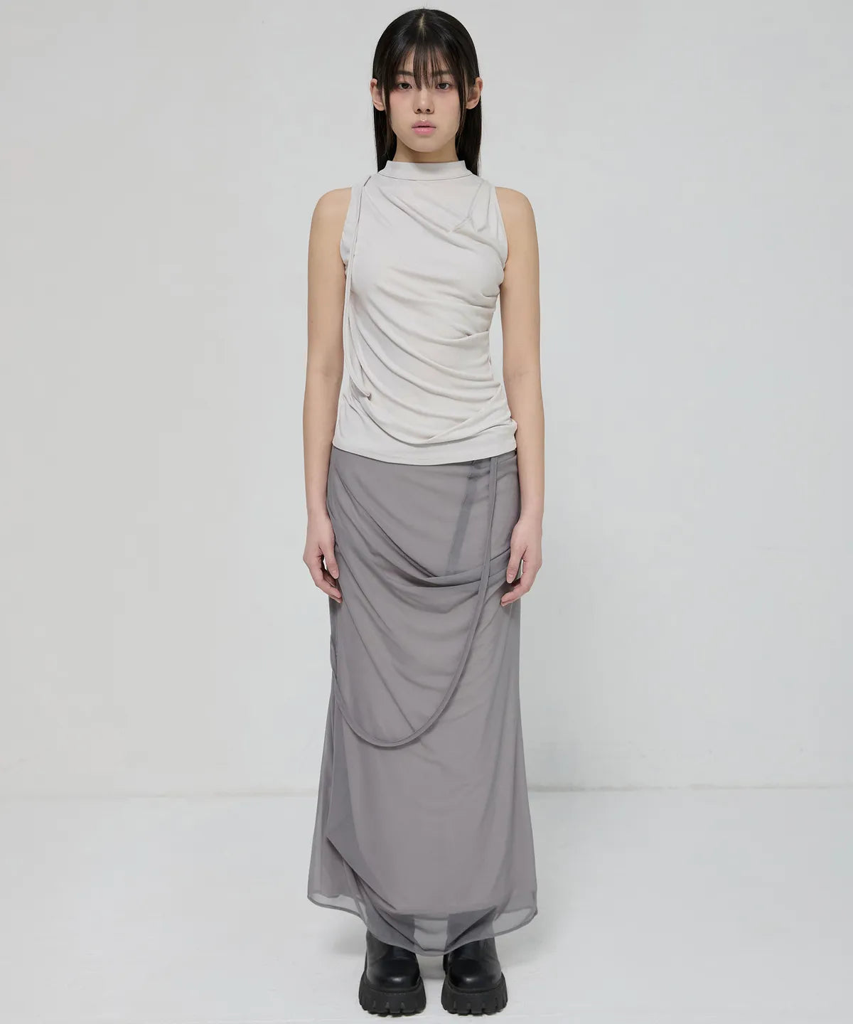 【Flare up】Draped Mesh Layered Long Skirt [Black / Gray]
