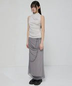 【Flare up】Draped Mesh Layered Long Skirt [Black / Gray]