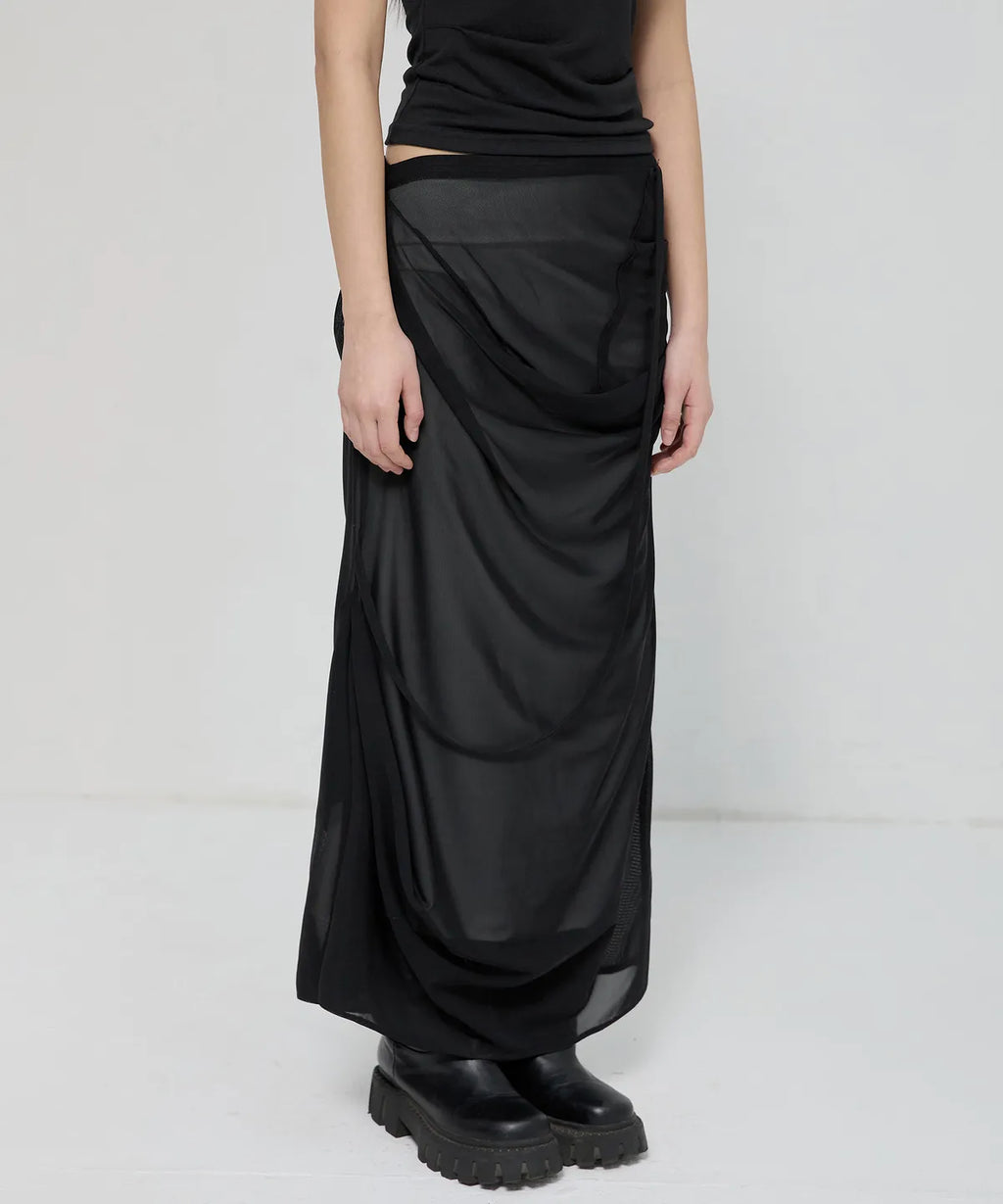【Flare up】Draped Mesh Layered Long Skirt [Black / Gray]