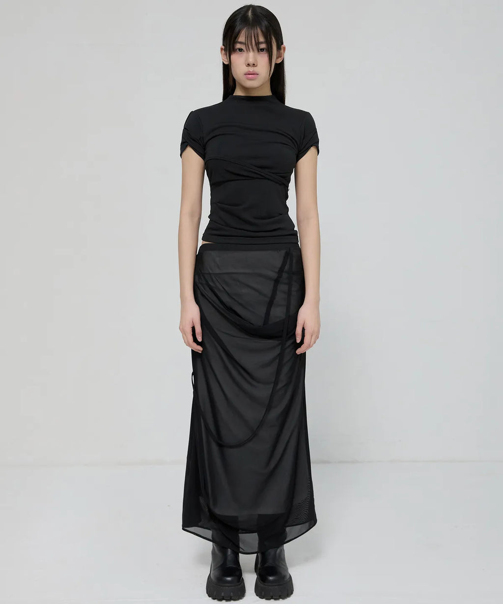 【Flare up】Draped Mesh Layered Long Skirt [Black / Gray]