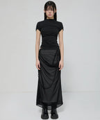 【Flare up】Draped Mesh Layered Long Skirt [Black / Gray]