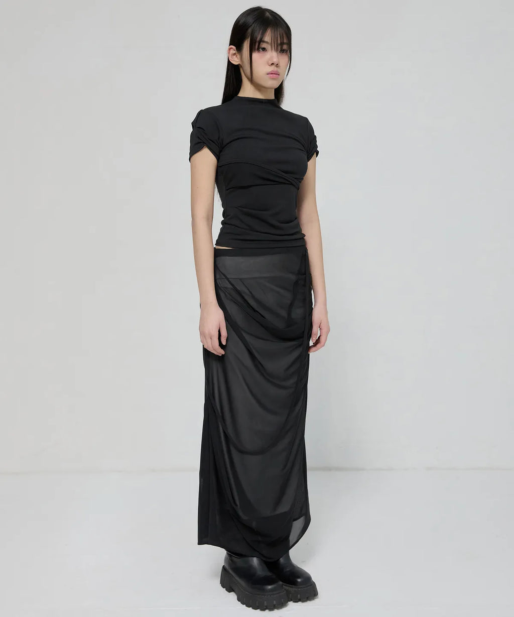 【Flare up】Draped Mesh Layered Long Skirt [Black / Gray]