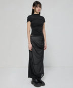【Flare up】Draped Mesh Layered Long Skirt [Black / Gray]