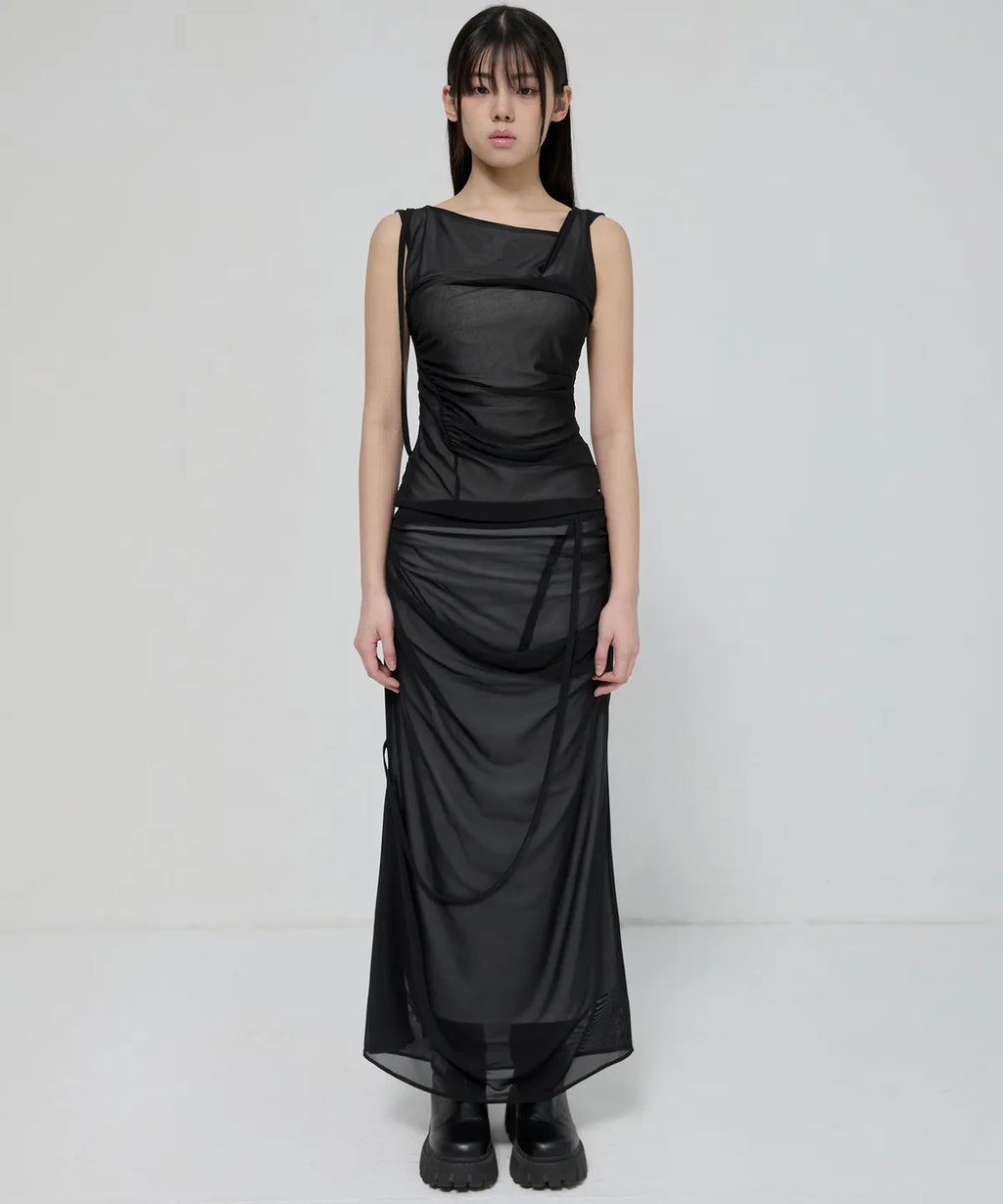 【Flare up】Draped Mesh Layered Long Skirt [Black / Gray]