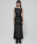 【Flare up】Draped Mesh Layered Long Skirt [Black / Gray]